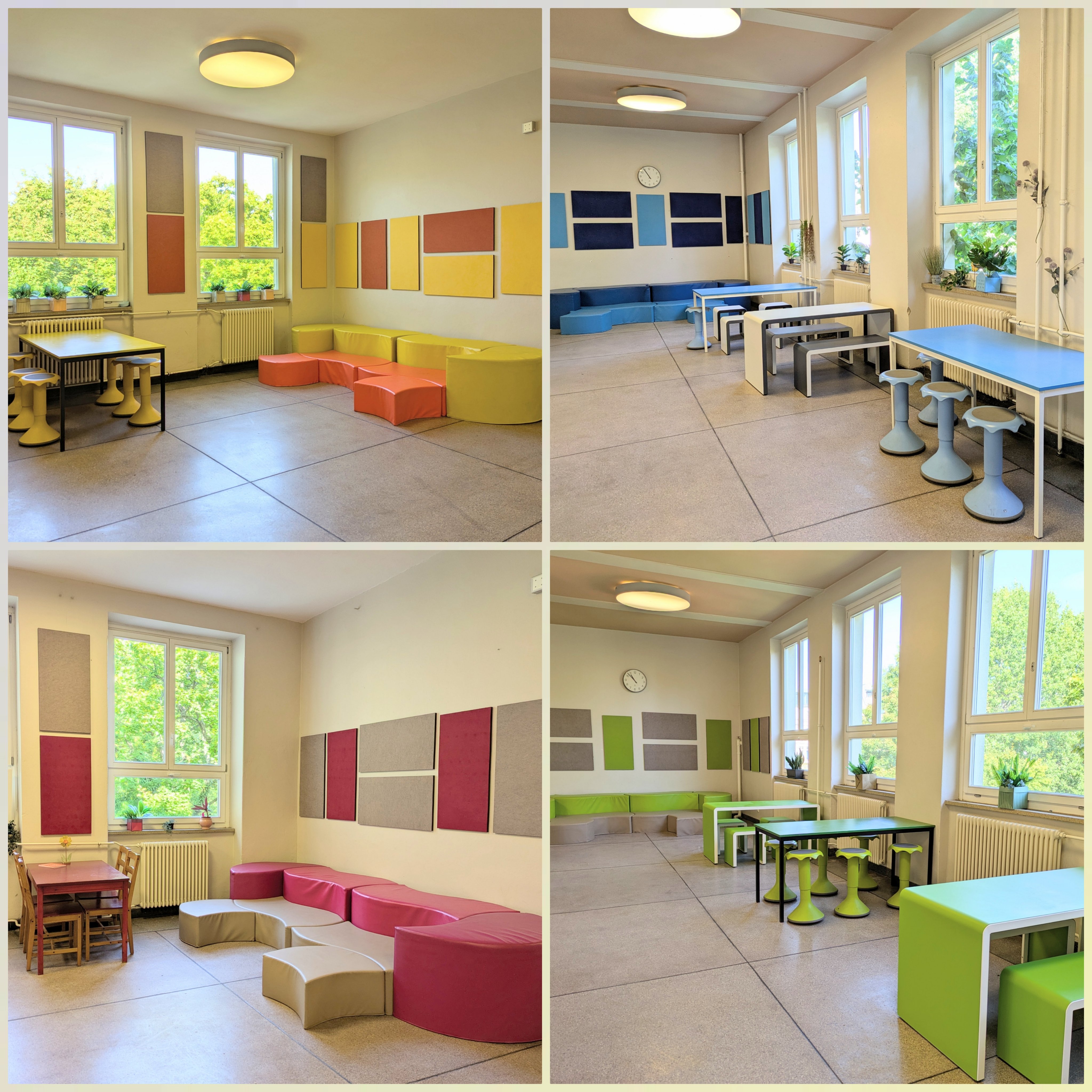 4 Lernlounges in den Farben gelb, blau, rot und grün