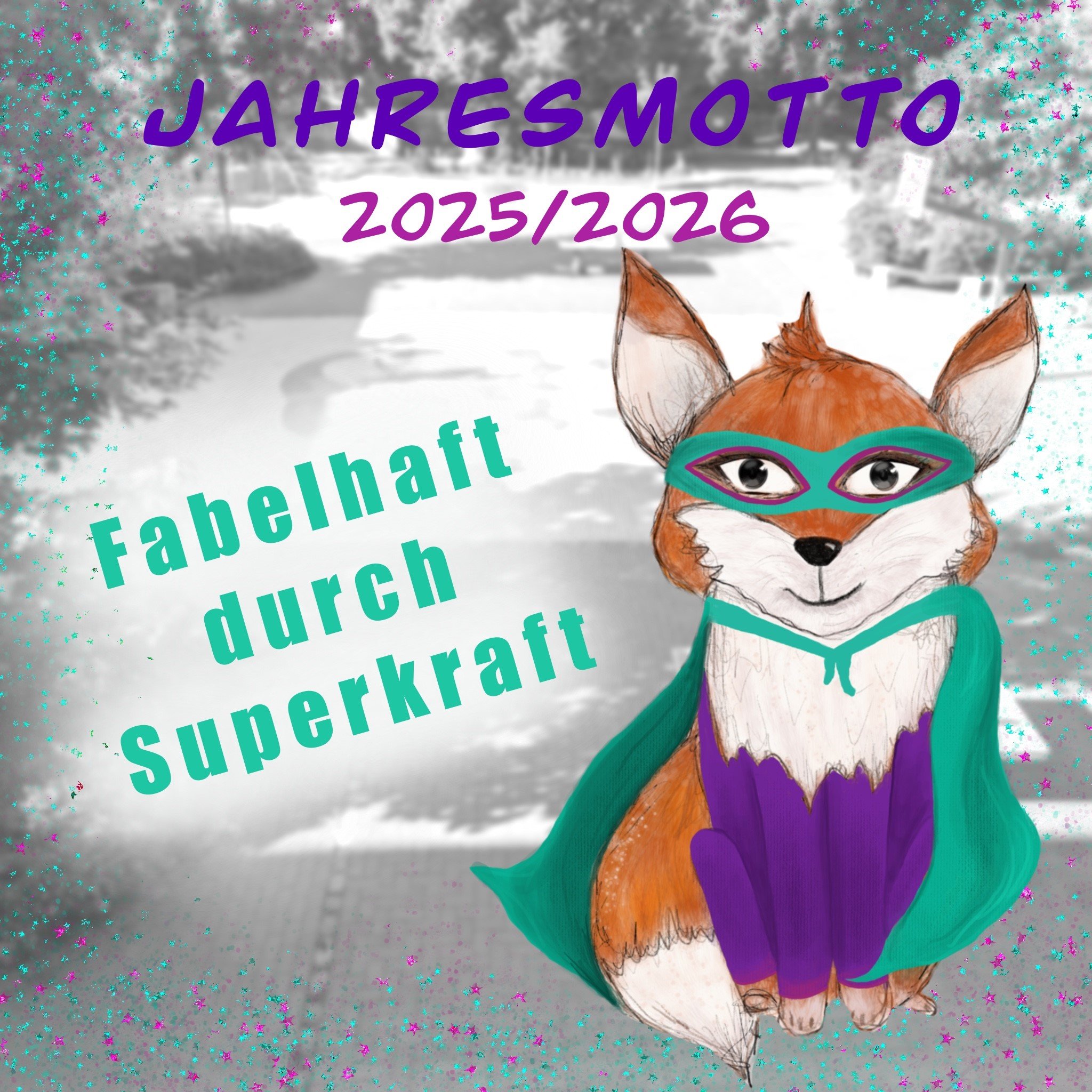 Fabelhaft durch Superkraft ist unser Jahresmotto für das Schuljahr 2025/2026. Alo, unser Schulfuchs, hat sich dafür mit einem Supergheldenkostüm eingekleidet.
